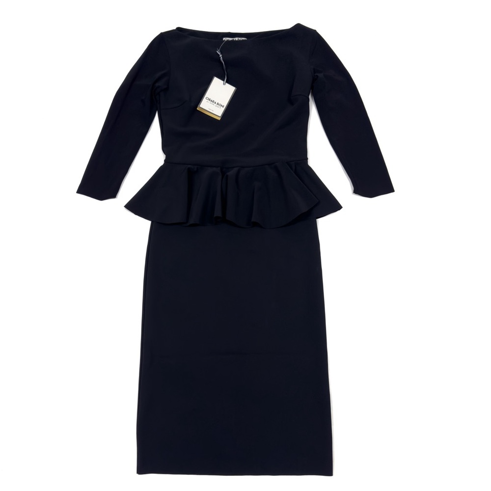 Chiara Boni Bateau Neckline Dinara Midi Length Dress Ruffled Sz 44/US 8 - Black